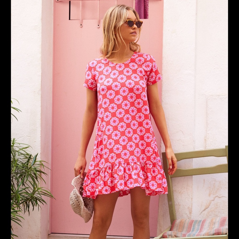 NWT Mister Zimi Klare Dress in Abstract Leaf Print Pink Ruffle Sz 8 AUS 4 US - Picture 7 of 7